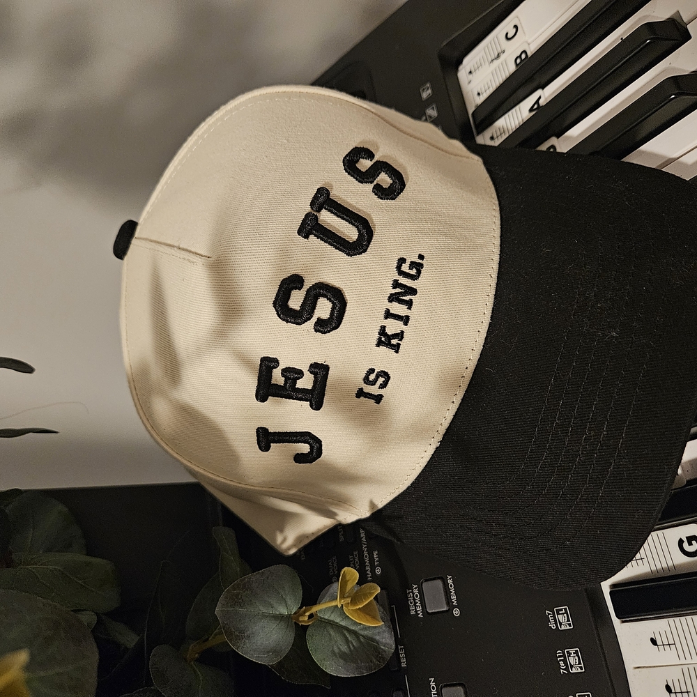 Jesus Is King Black and Cream Cap